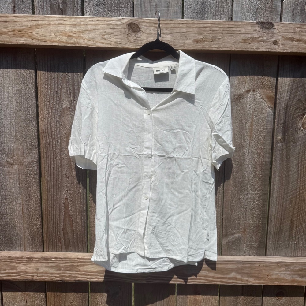 Rhythm Classics Women White Linen Blend Short Sleeve Button Down Shirt XS